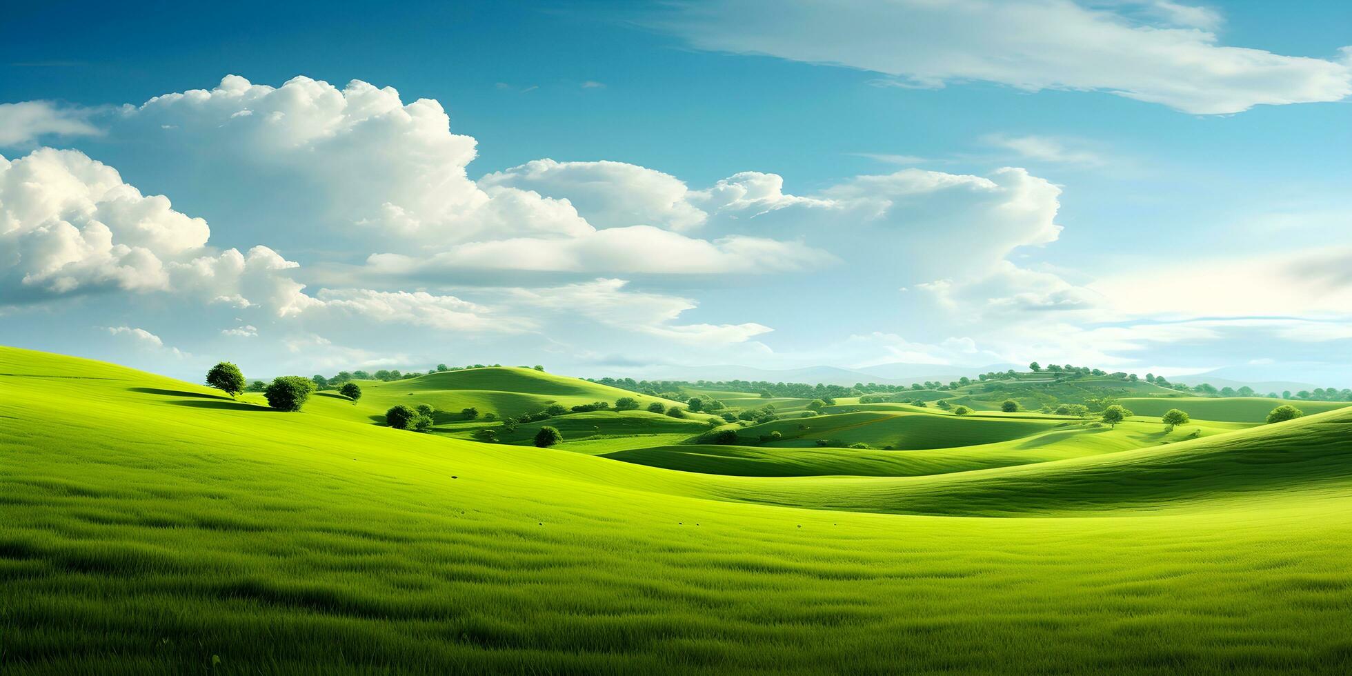 AI generated Green Field Grass Hills Landscape. AI Generated photo