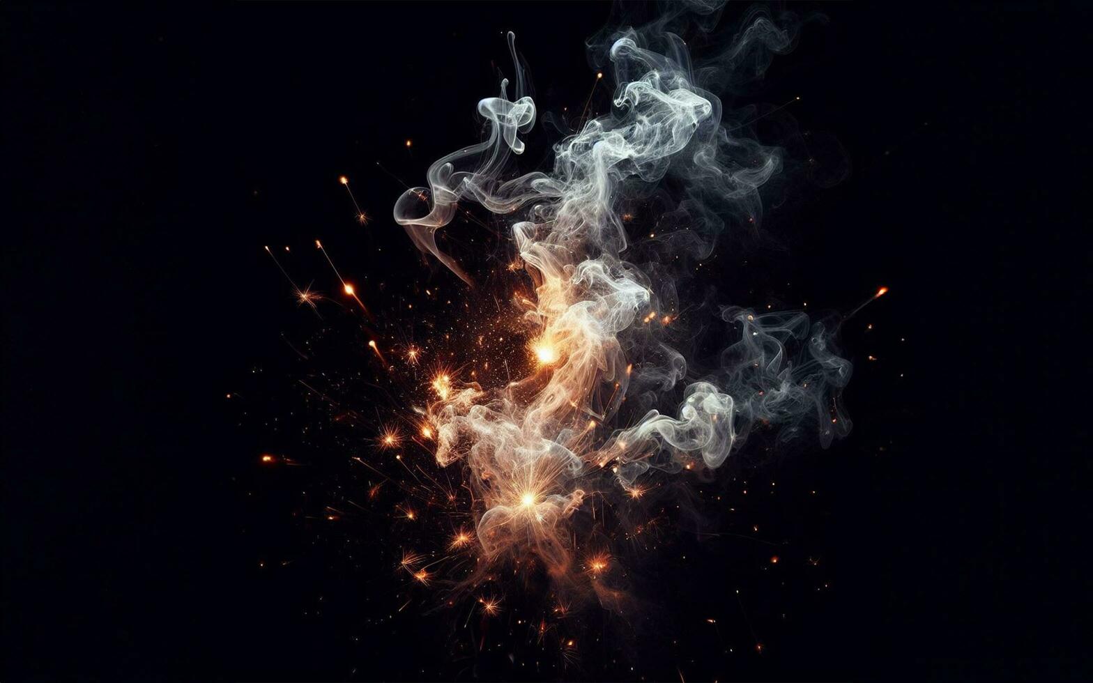 AI generated sparks, bursts of sparks smoke and fire background White smoke on a black background photo