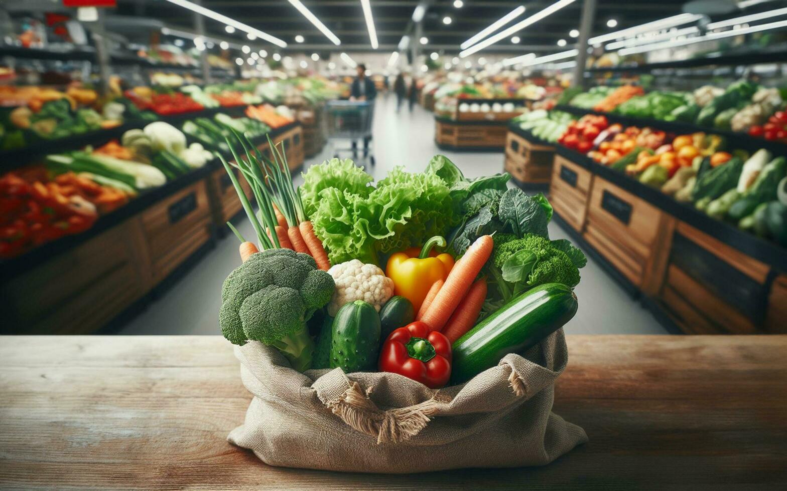 AI generated Fresh vegetables in cloth sacks Put it on the supermarket counter. photo