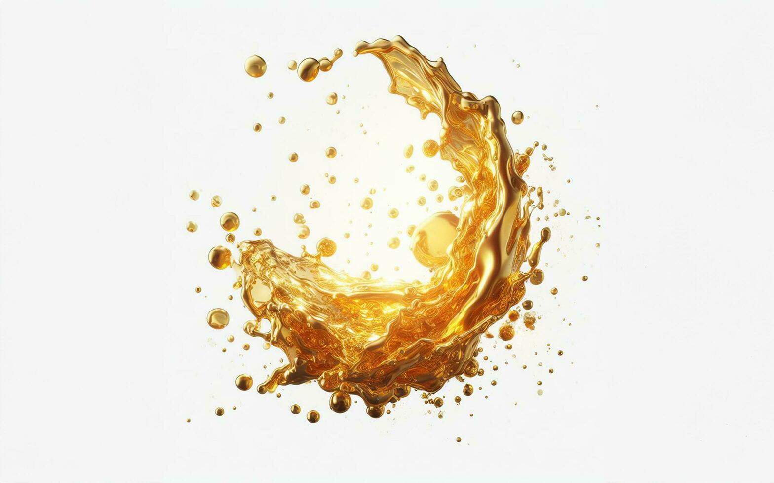 AI generated Vegetable oil floating in the air Golden water splashes Water drops on white background. Golden oil. photo