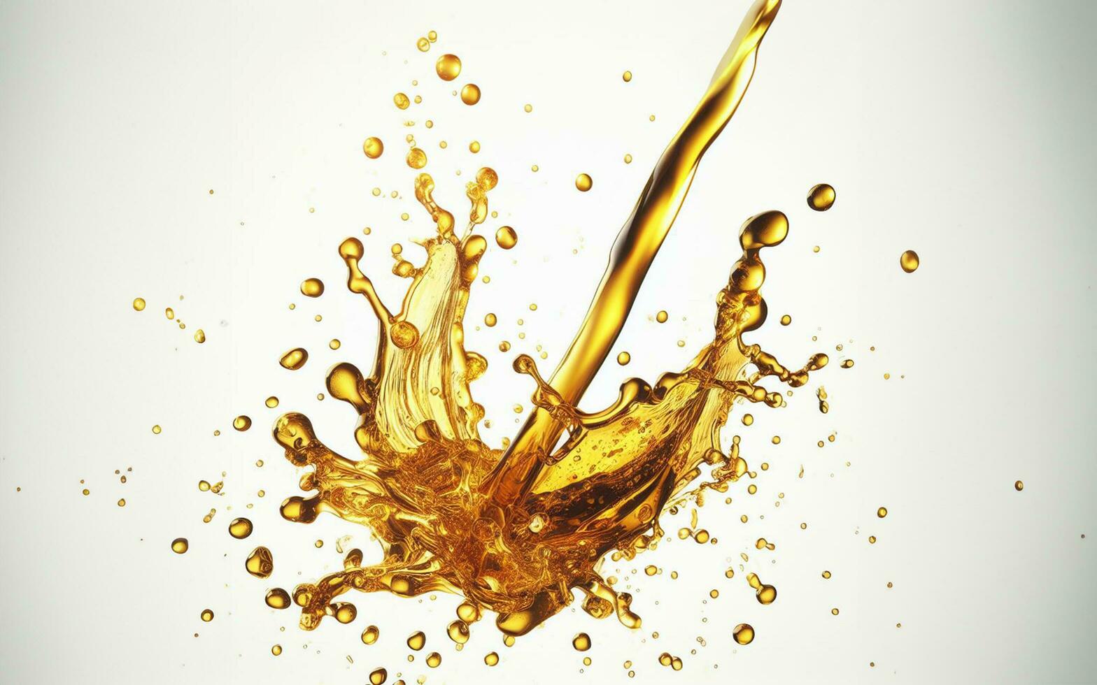 AI generated Vegetable oil floating in the air Golden water splashes Water drops on white background. Golden oil. photo