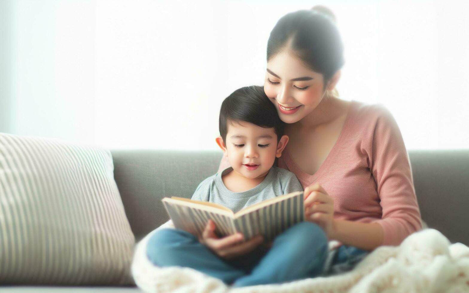 AI generated Mother and daughter read a book on the sofa Mother tells a story to her child Teaching children to read family warmth photo