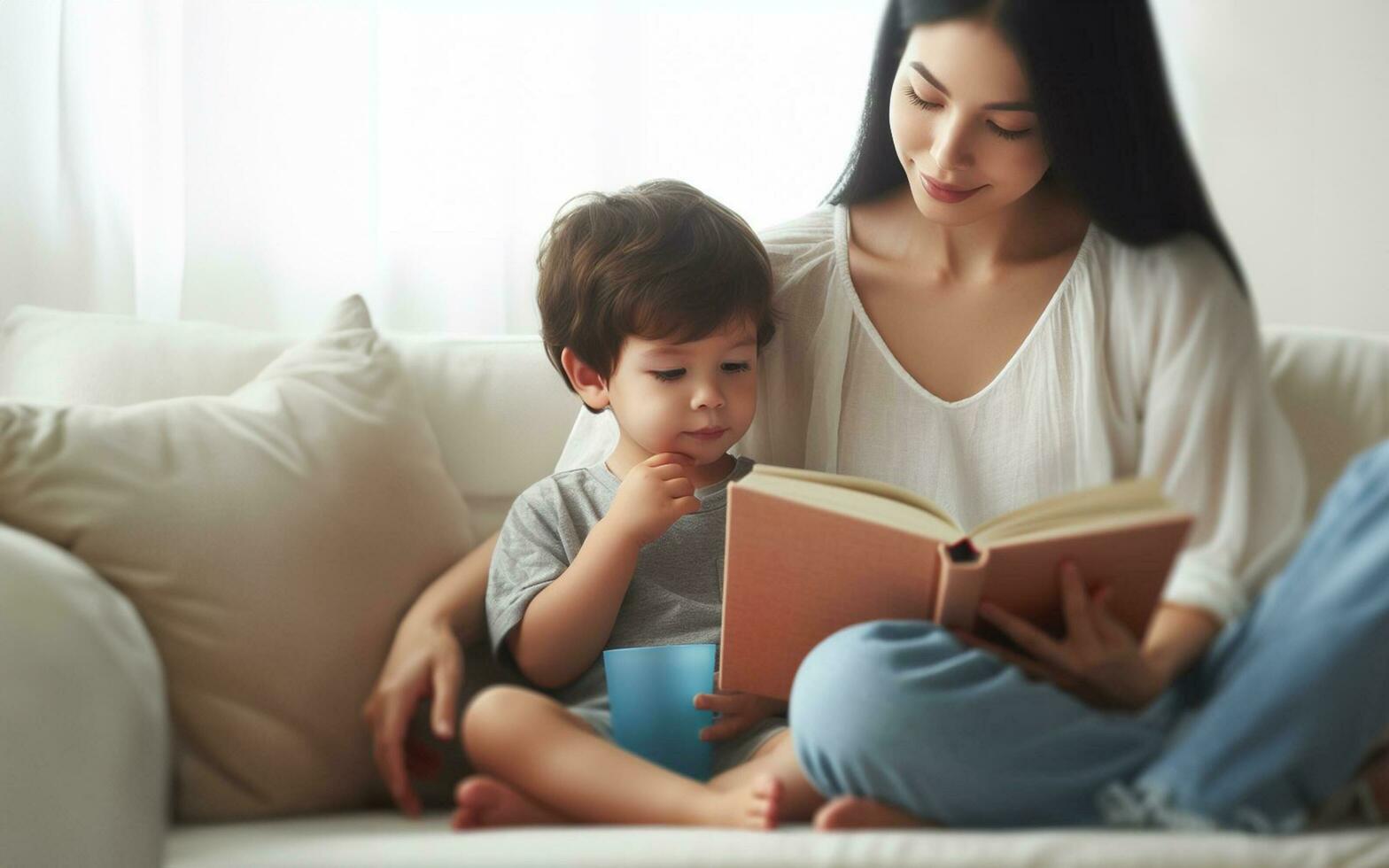 ai generado madre y hija leer un libro en el sofá madre dice un historia a su niño enseñando niños a leer familia calor foto