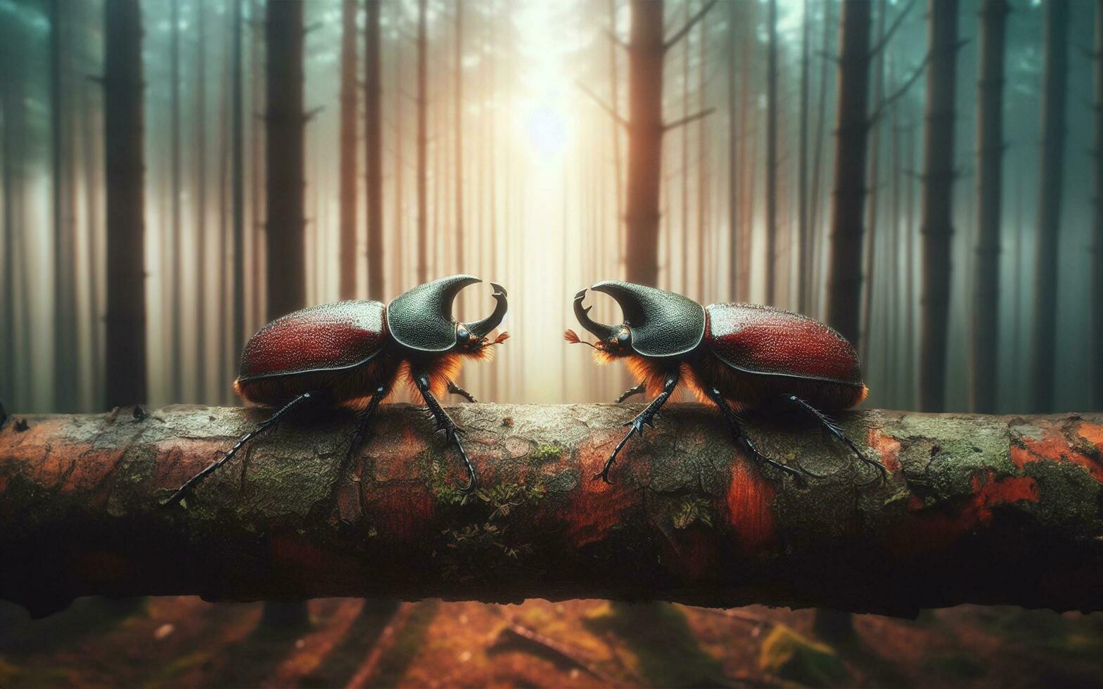 AI generated Elephant beetle. The beetle clings to a branch in the forest. blurry forest background photo