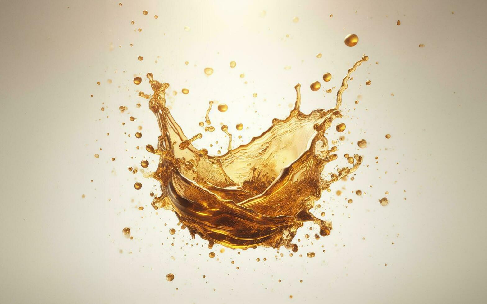 AI generated Vegetable oil floating in the air Golden water splashes Water drops on white background. Golden oil. photo
