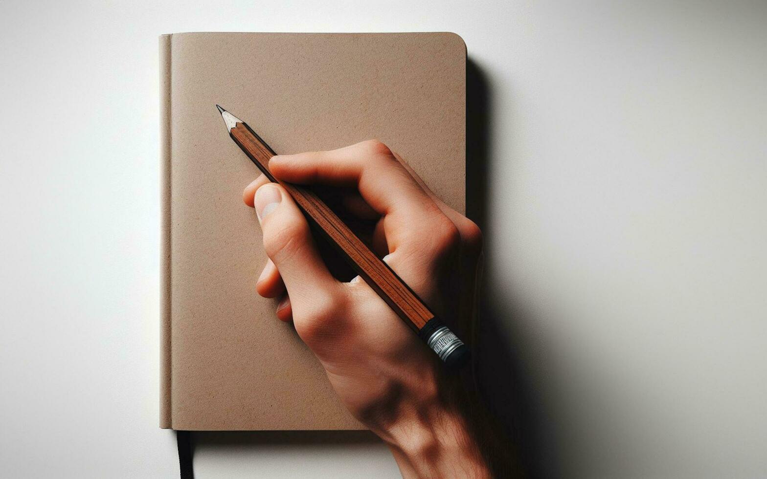 AI generated blank notebook The hand holding the pencil is about to start writing in a notebook Taking notes Drawing with a pencil photo