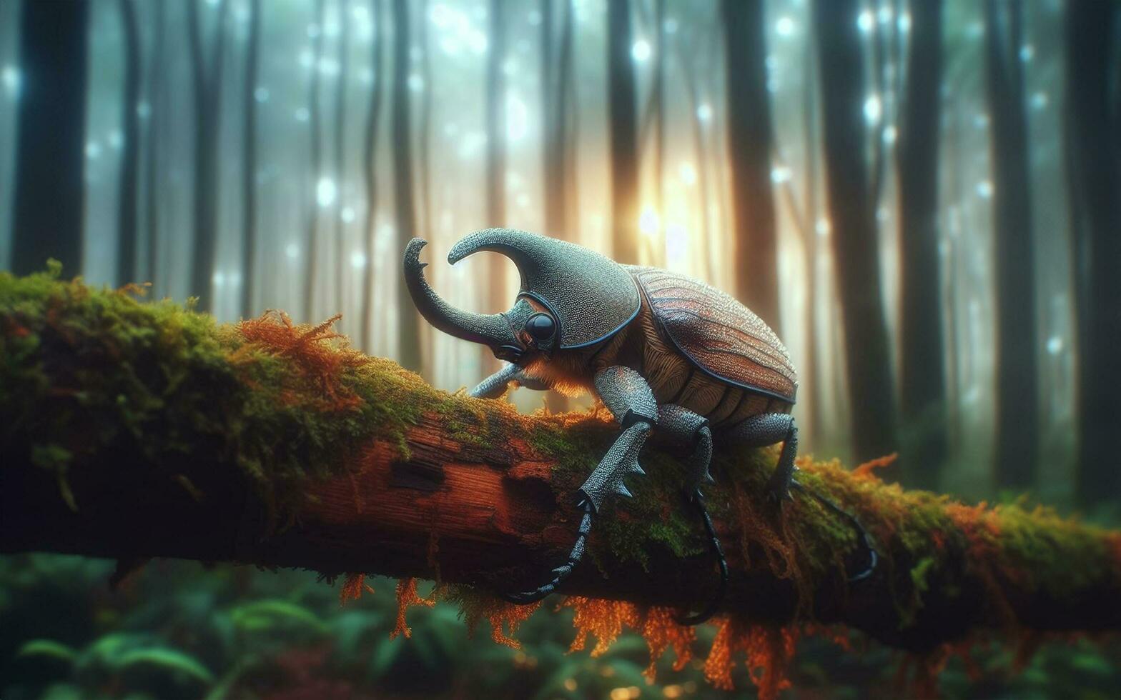 AI generated Elephant beetle. The beetle clings to a branch in the forest. blurry forest background photo