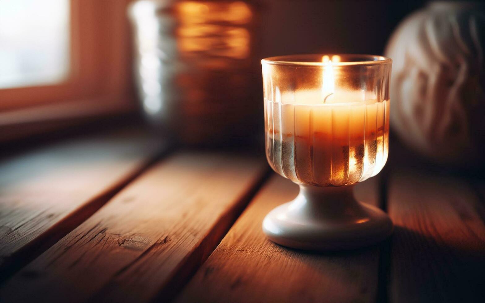 AI generated Candles in glasses placed on a wooden floor Warm light Blur bokeh background Old fashioned candlesticks and candlelight photo