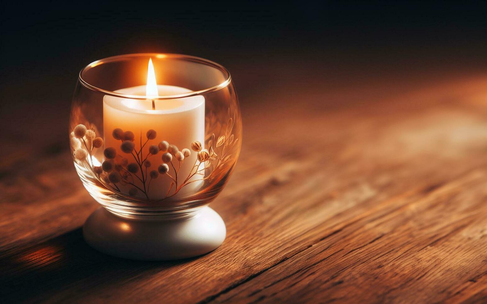 AI generated Candles in glasses placed on a wooden floor Warm light Blur bokeh background Old fashioned candlesticks and candlelight photo