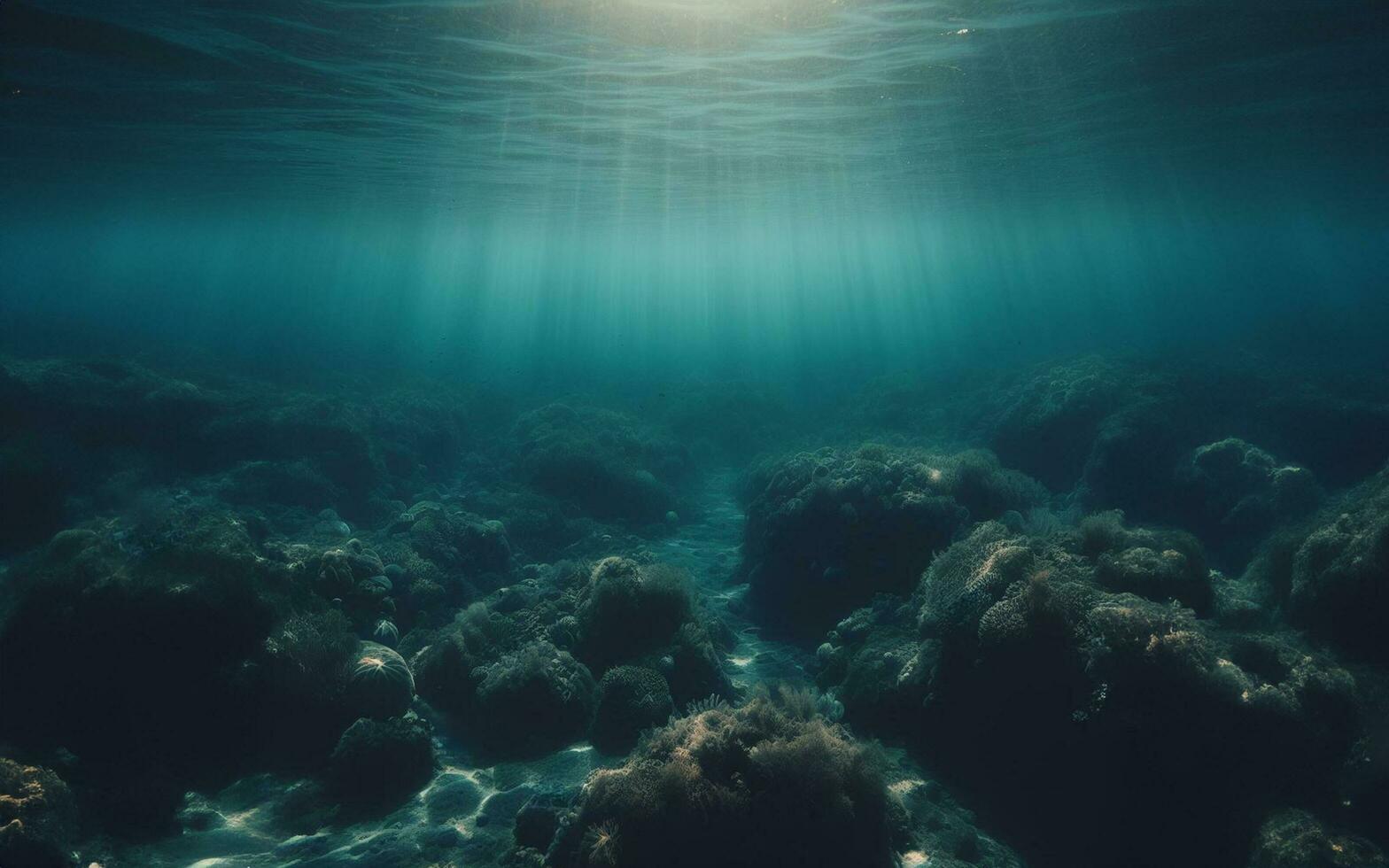 AI generated underwater sand floor Light shines underwater clear water empty seabed The sand surface is in the shape of waves under the sea photo