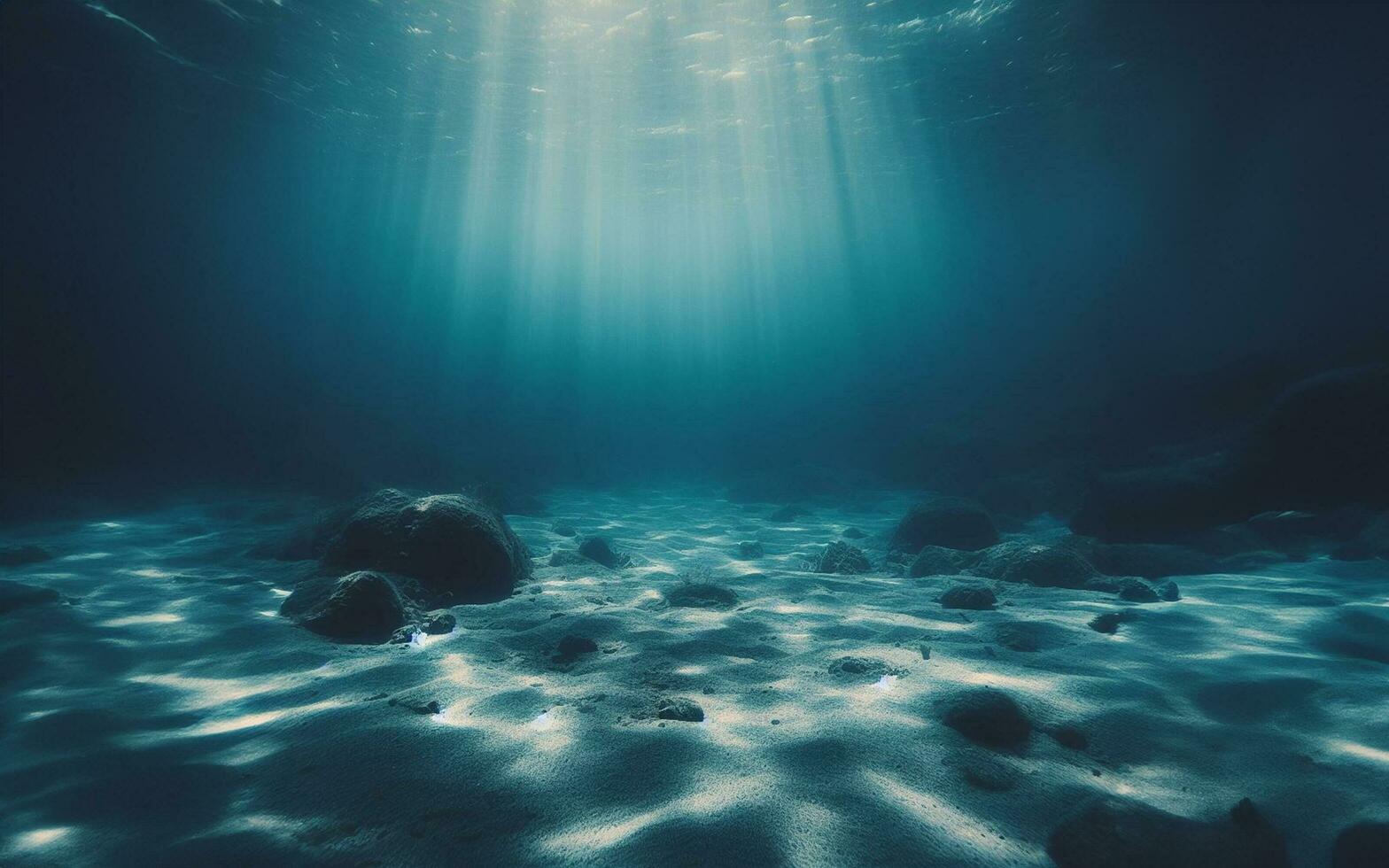 AI generated underwater sand floor Light shines underwater clear water empty seabed The sand surface is in the shape of waves under the sea photo