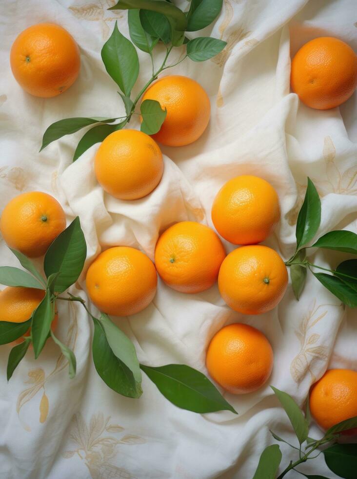 AI generated eight tangerines on white cloth, with green leaves, everyday ephemera, organic material photo