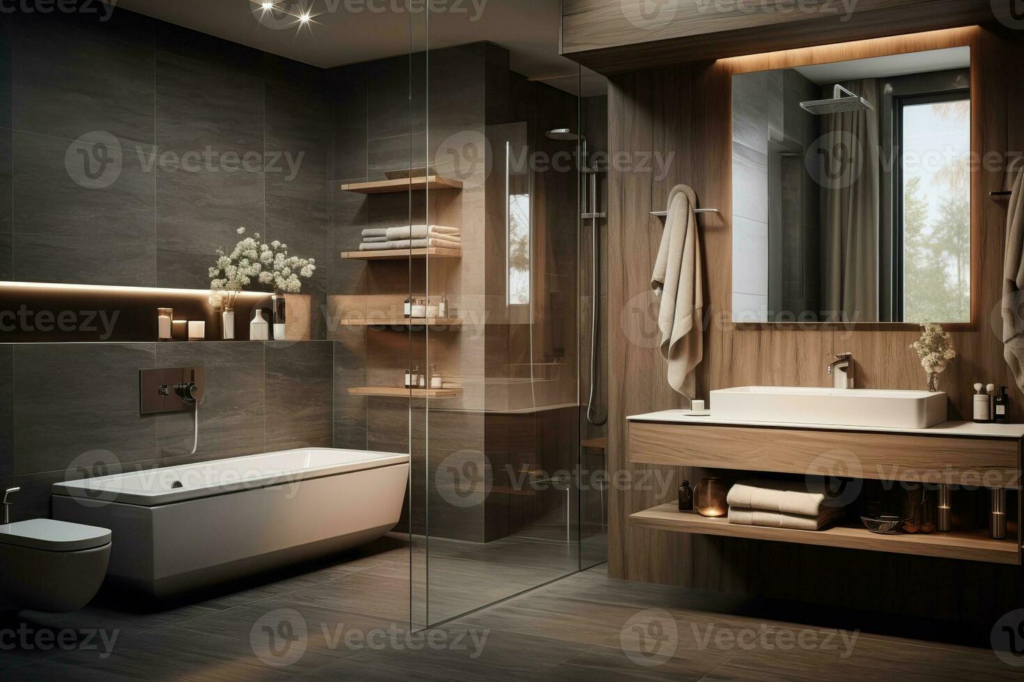 AI generated Bath space with smooth surfaces and minimalistic detailing. Natural and neutral color tones photo