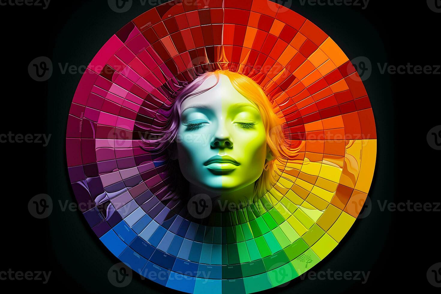 AI generated Woman face showcasing a spectrum of emotions arranged in a color wheel, emphasizing the diversity and complexity of feelings photo