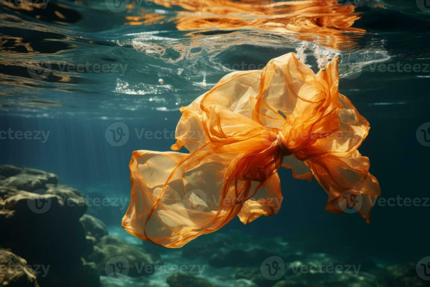 AI generated Plastic carrier bags and other garbage pollution in ocean photo