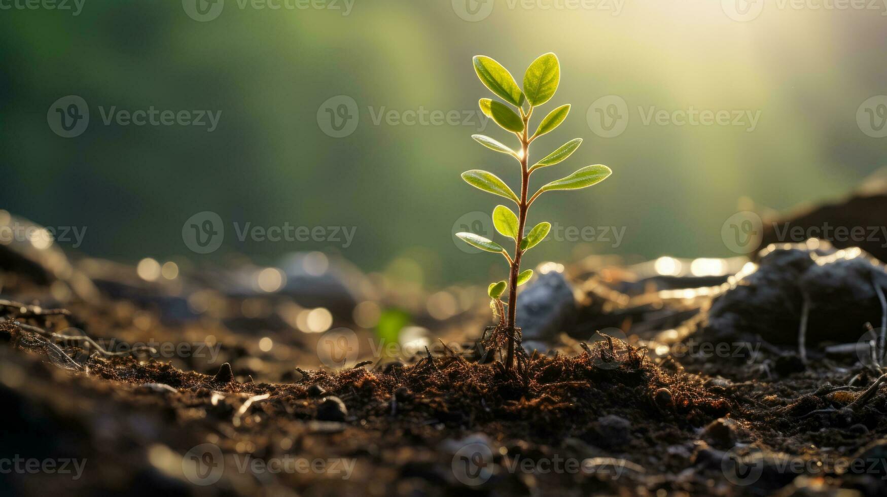 AI generated a young tree sprouting out of a field in the forest photo