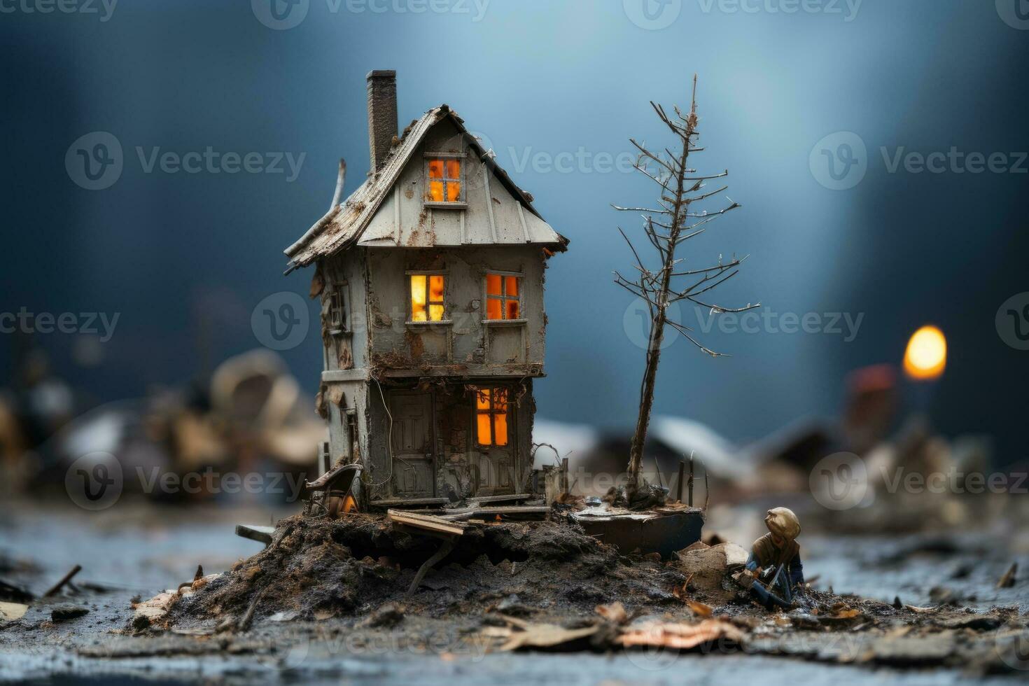 AI generated a small cardboard house with soil on top photo