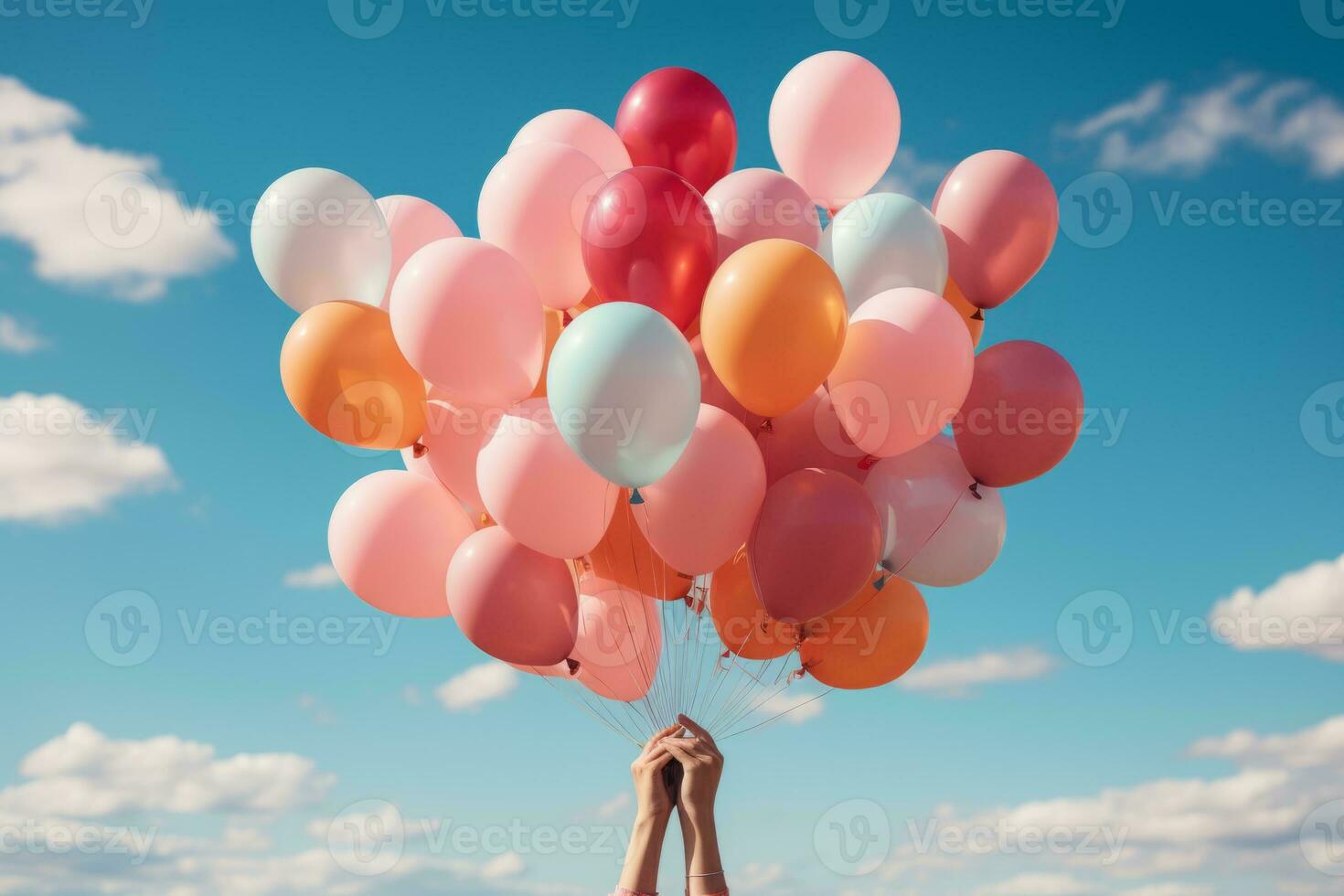 AI generated a person holding multiple colorful balloons in the air photo