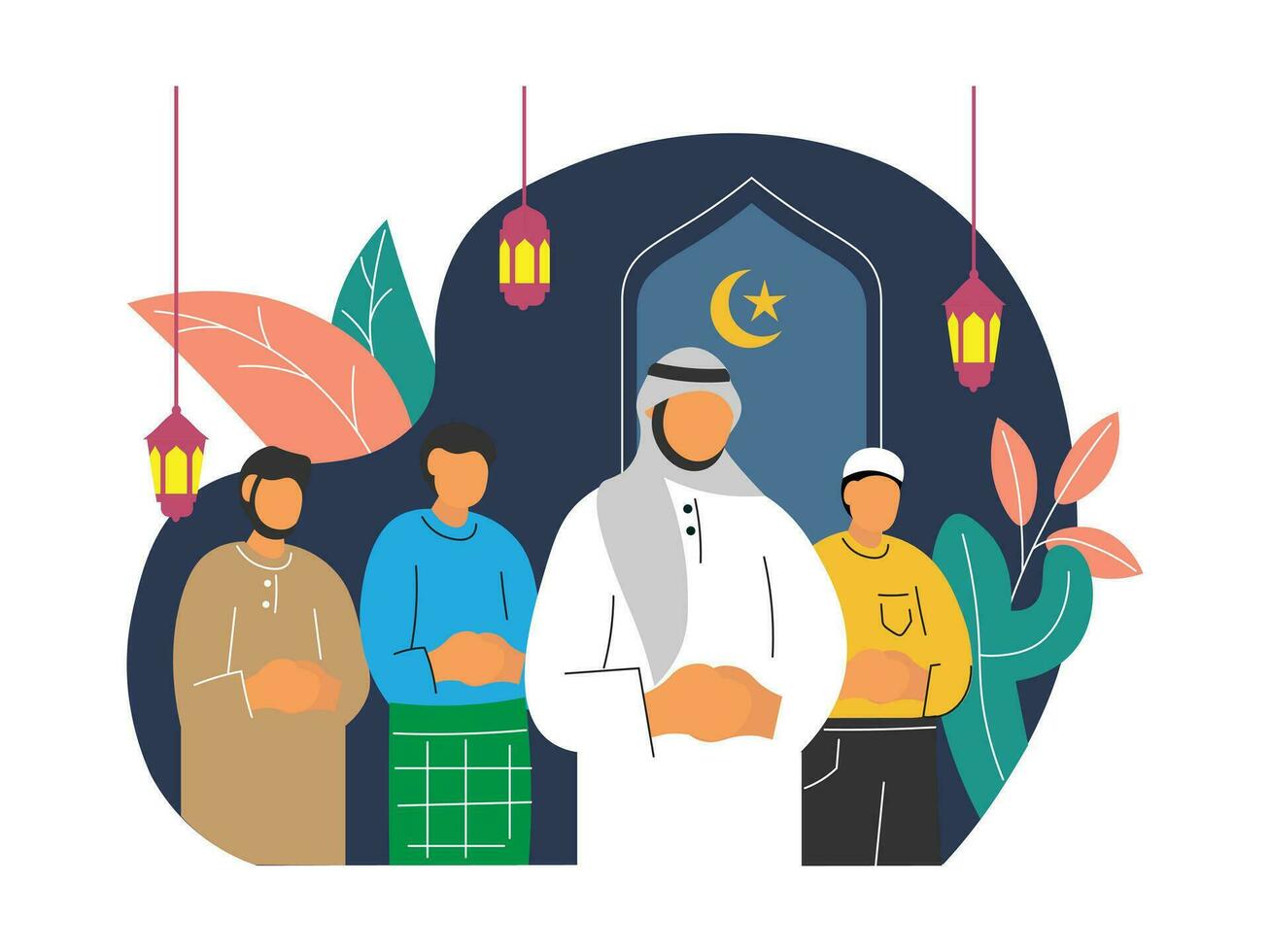 Flat illustration of muslim man praying shalat taraweh. Ramadan kareem. Muslim people vector