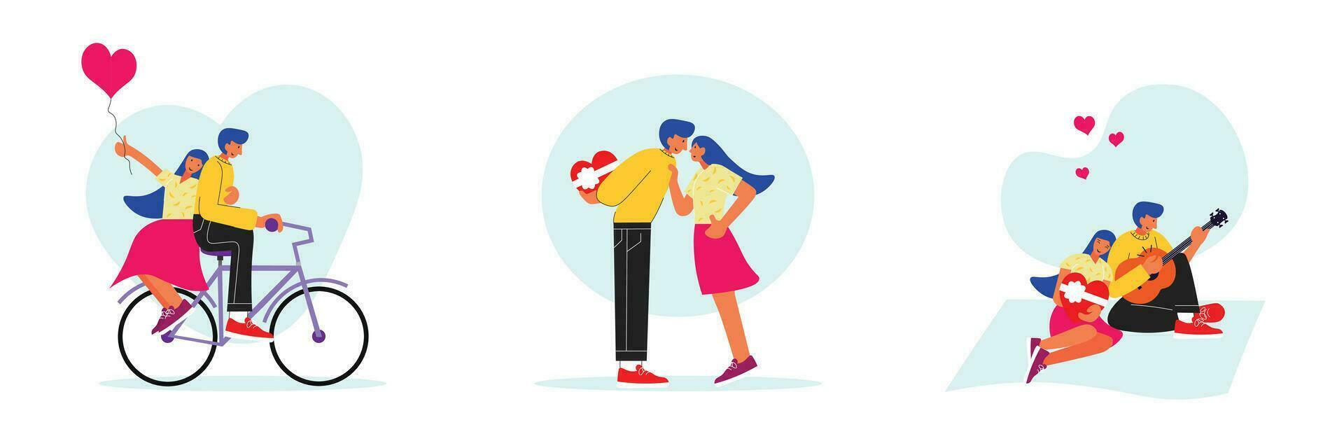 san valentin día colocar. personas en romántico relación. Pareja montando un bicicleta, sorpresa regalo, picnic vector