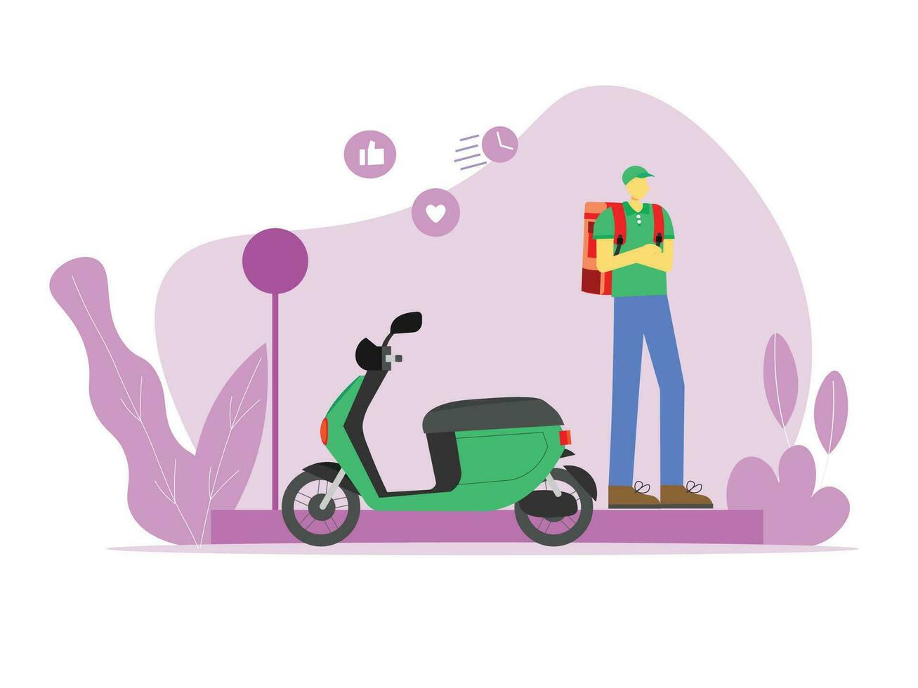 delivery service concept. food delivery man carrying backpack. delivery man and scooter vector