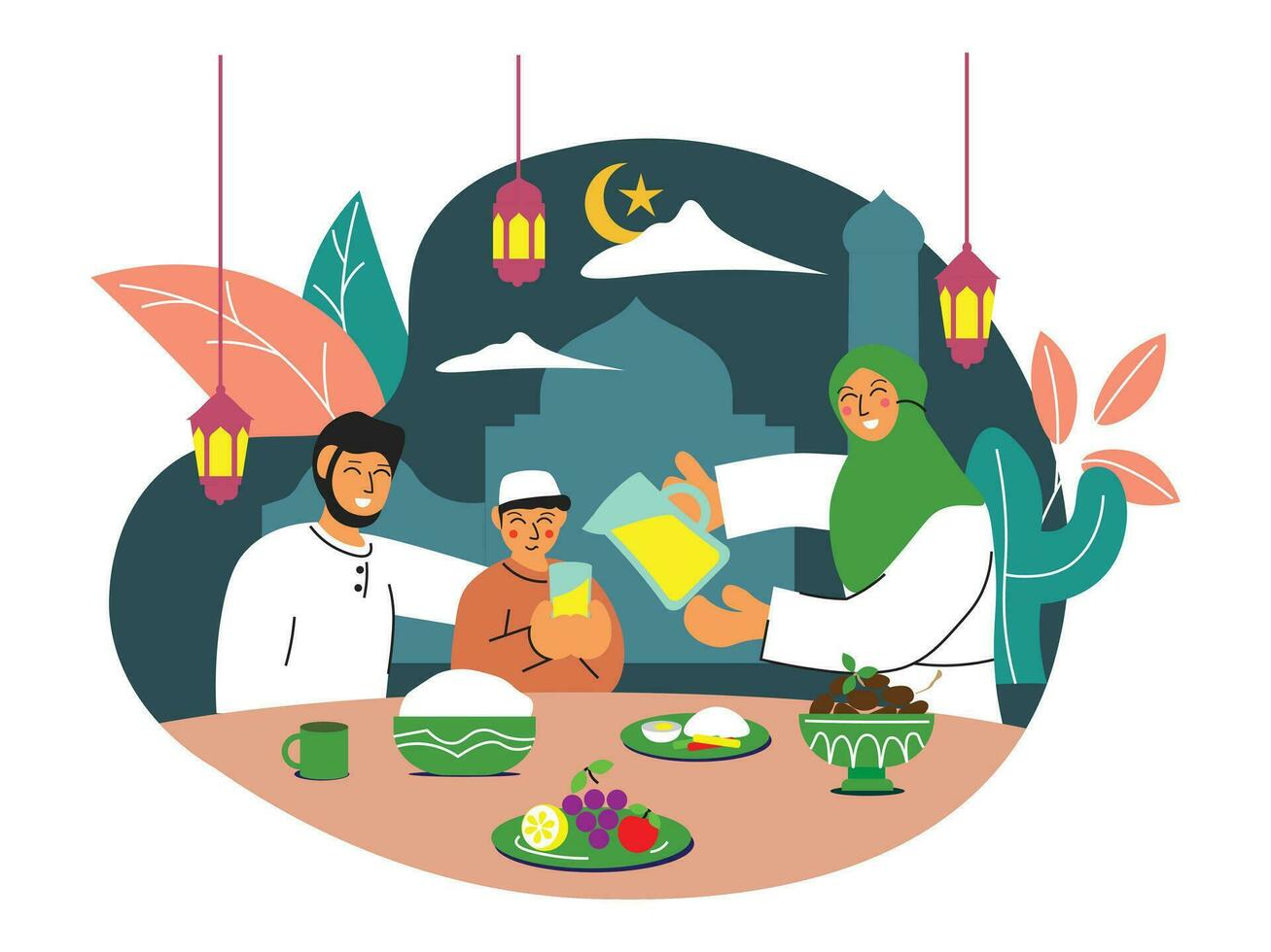 Iftar flat illustration with food on the table. People pray for iftar vector