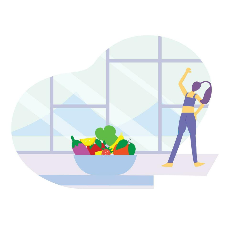 A woman during yoga by facing a beautiful view in term of healthy lifestyle with daily healthy food. vector