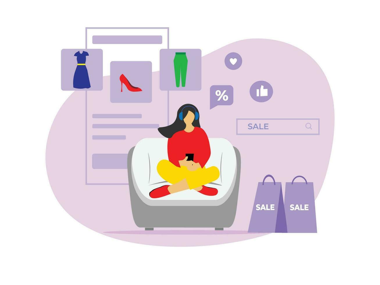 Young girl sitting on a sofa doing online shopping through her smartphone, choosing dresses, heels vector