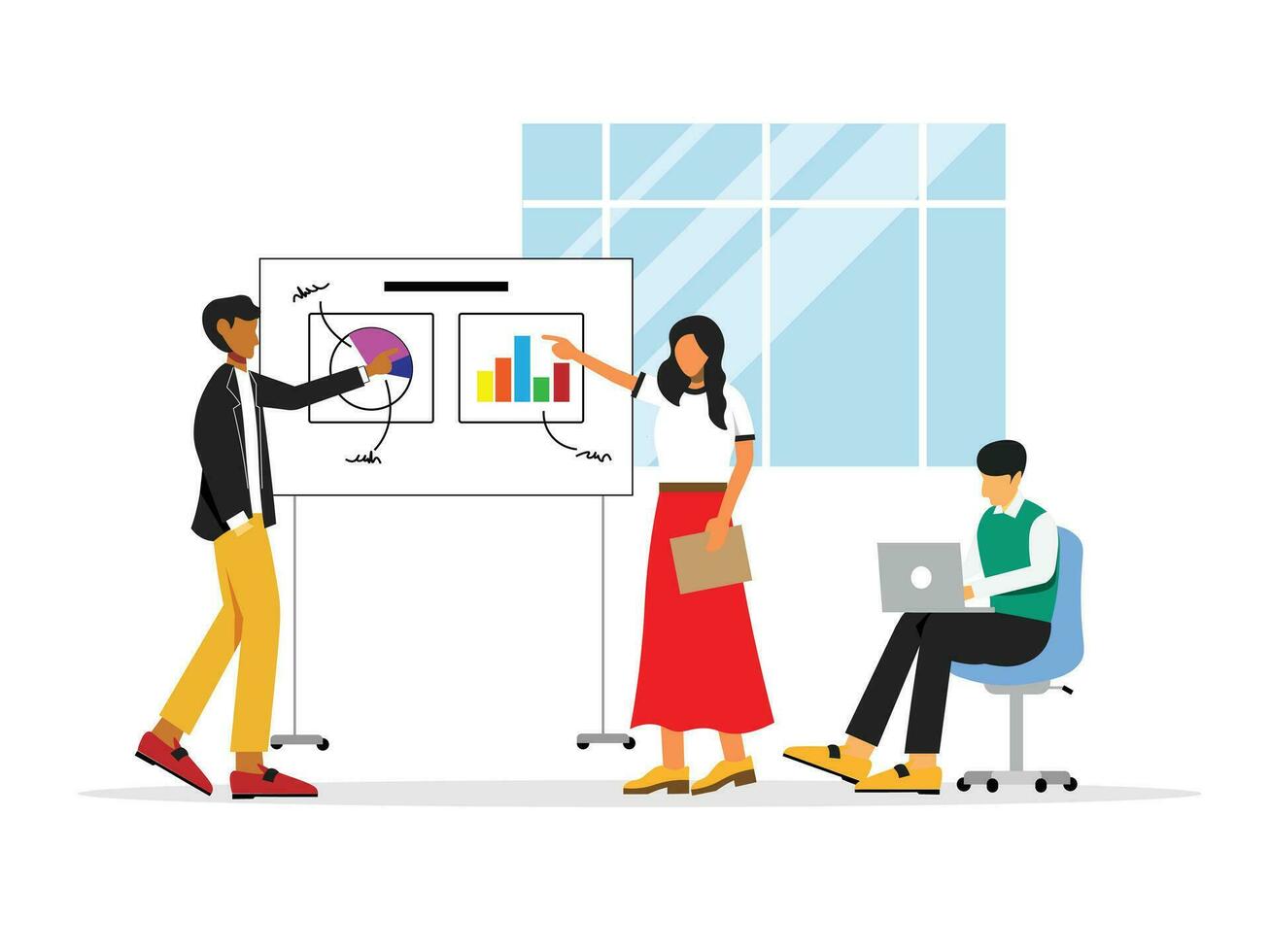 young people man and woman working on laptop at coworking space concept illustration vector