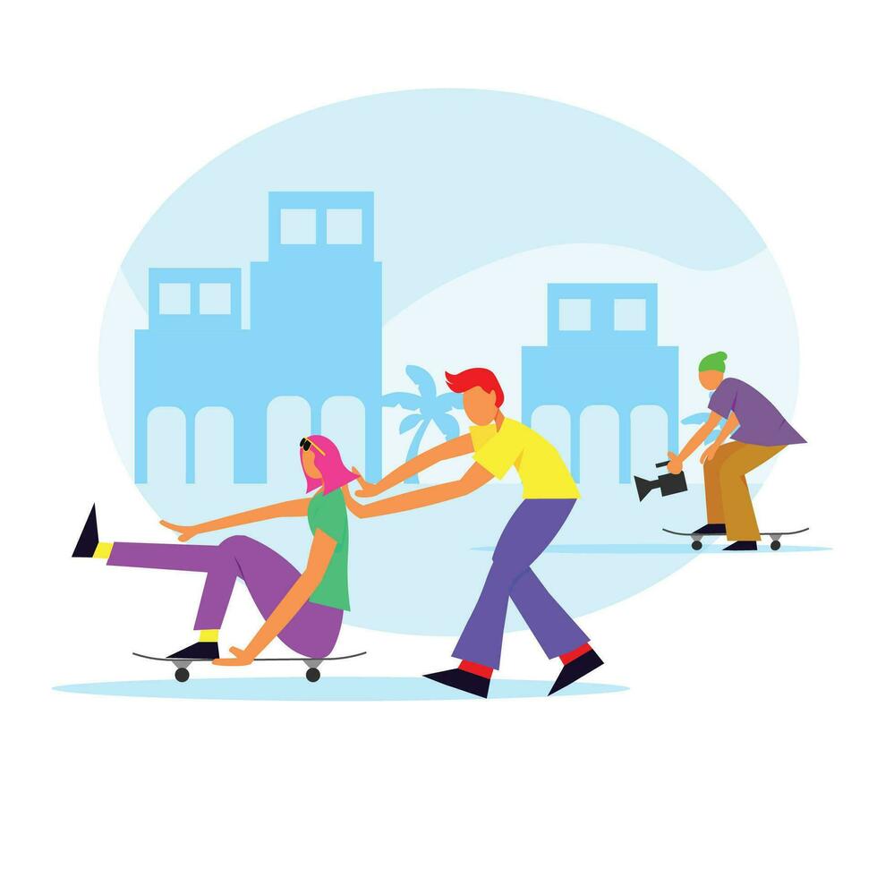 A group of young people having fun by playing skateboard and recording it to maintain a healthy life vector