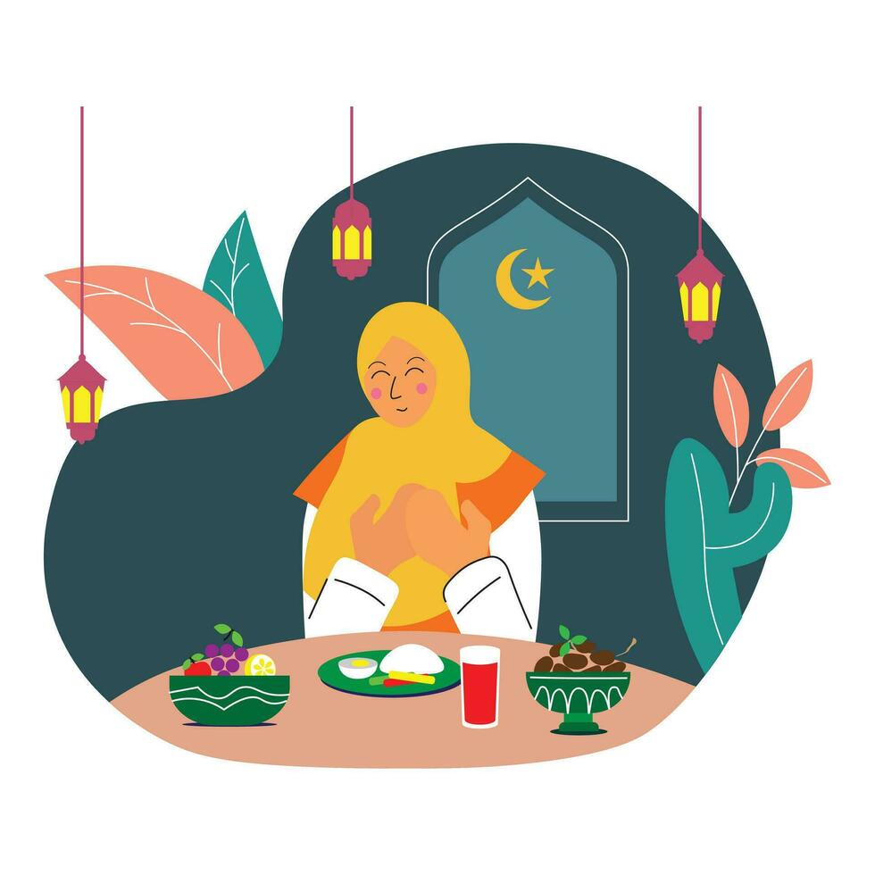 Iftar flat illustration with food on the table. People pray for iftar vector