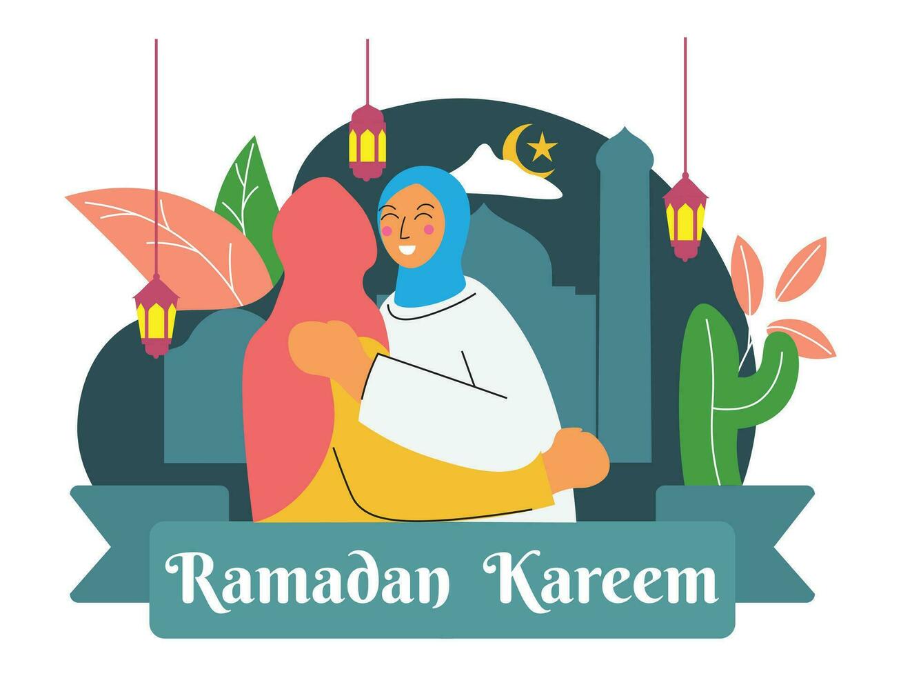 Flat design illustration ramadan kareem. Muslim people celebrating ramadan vector