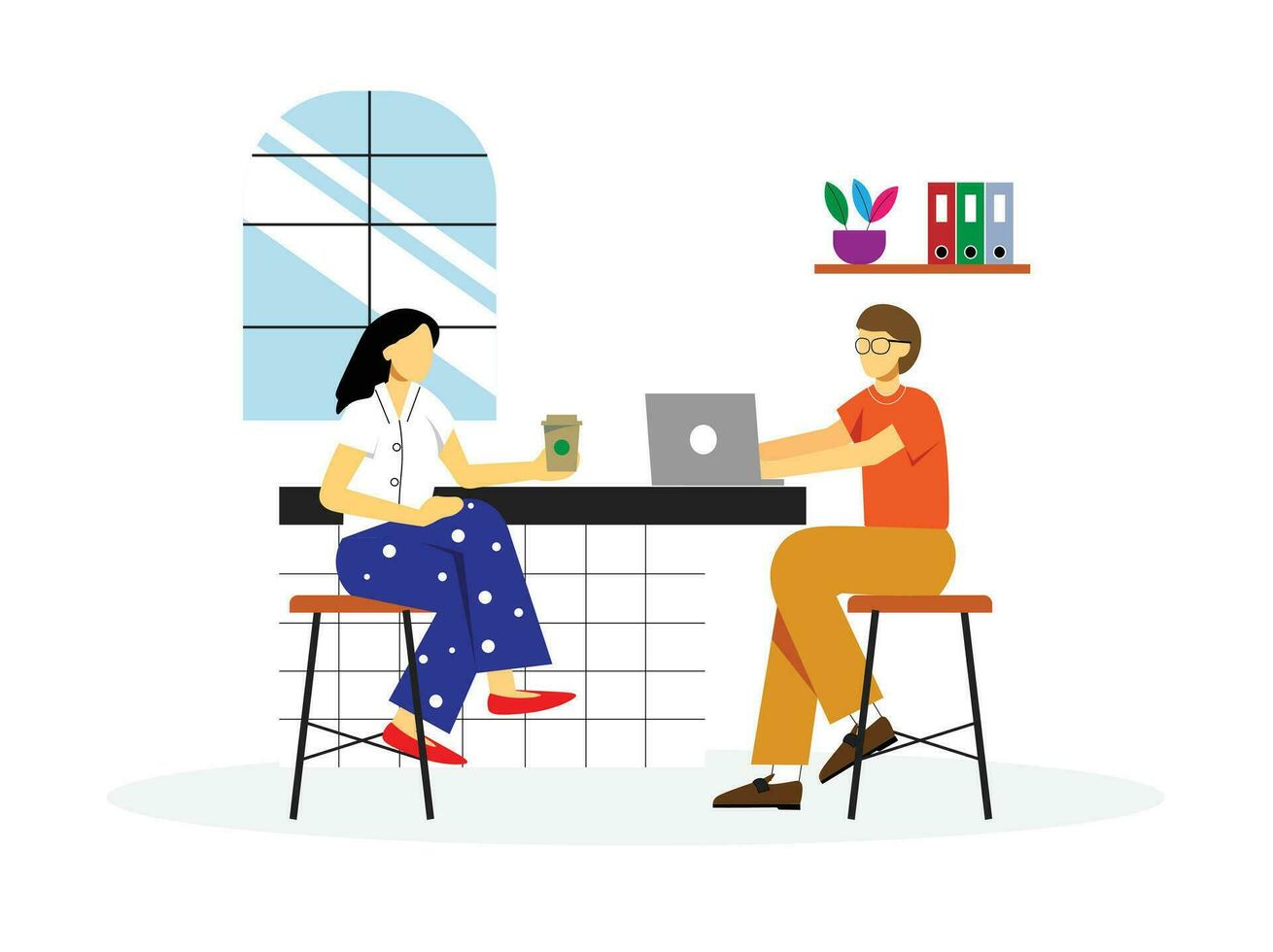 young people man and woman working on laptop at coworking space concept illustration vector