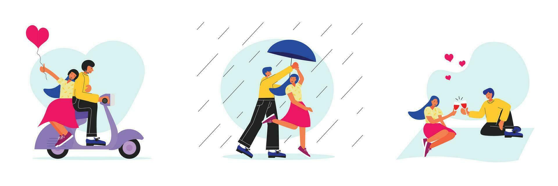 Valentines day set. People in romantic relationship. Couple riding a scooter, picnic, dancing vector