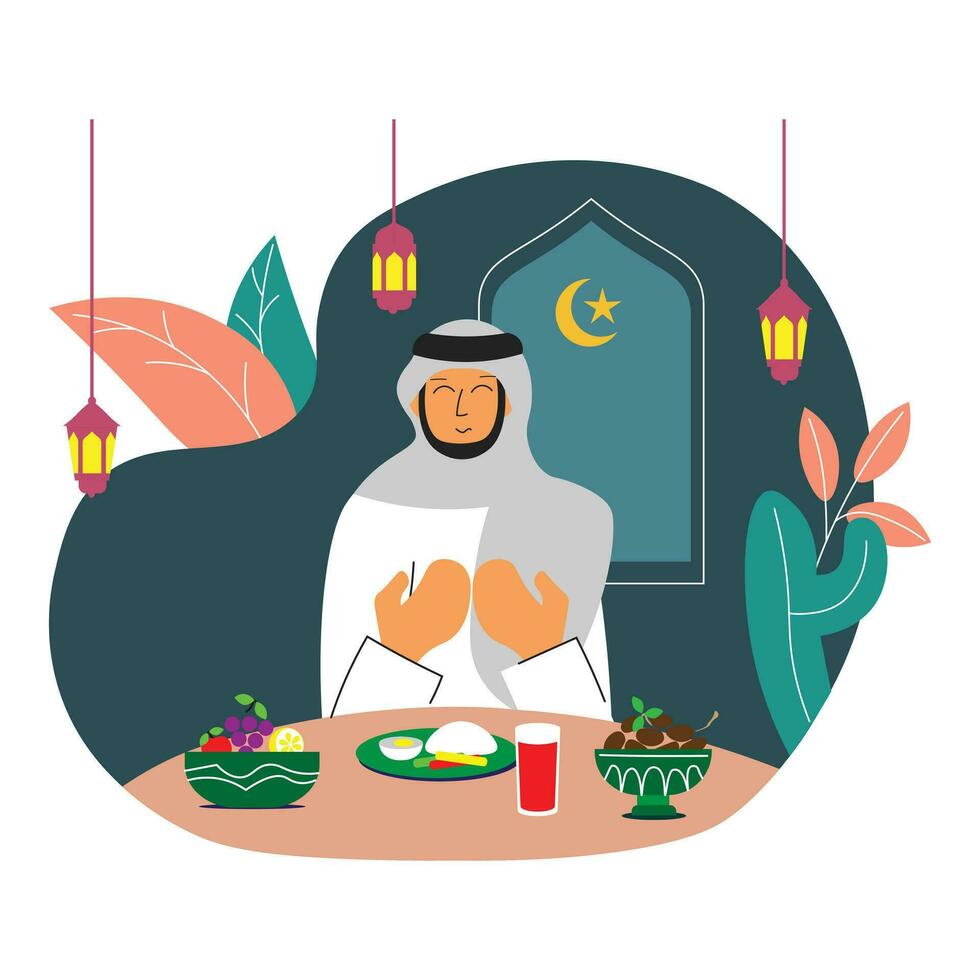 Iftar flat illustration with food on the table. People pray for iftar vector