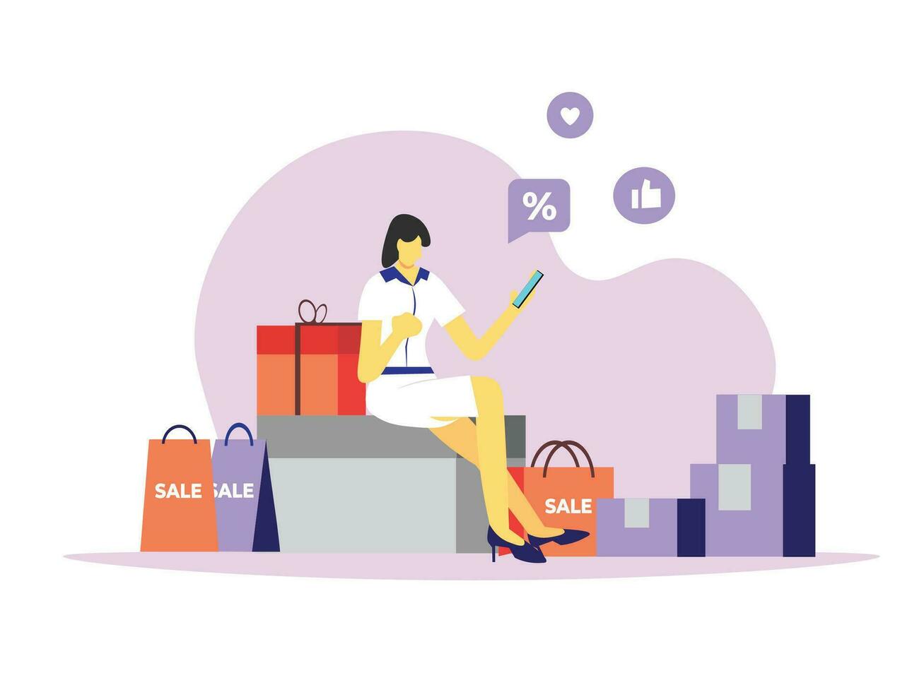 un mujer sentado en un regalo caja usado teléfono para en línea compras y bolsas de compras alrededor su vector
