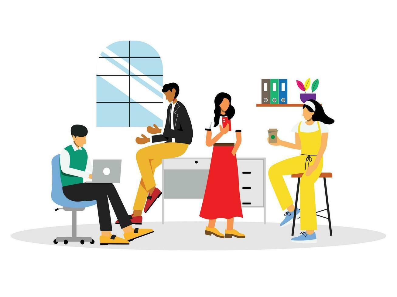 young people man and woman working on laptop at coworking space concept illustration vector