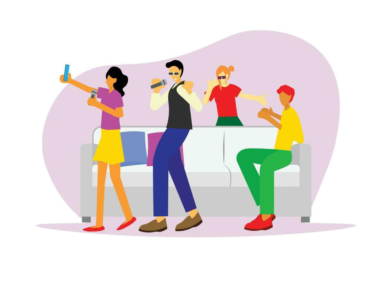 contento amigos canto juntos. amigos gasto hora por disfrutando el karaoke y tomando algunos selfie vector