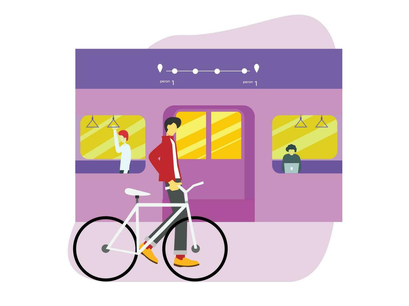 un hombre en pie a el tren estación con su bicicleta. público transporte concepto plano vector