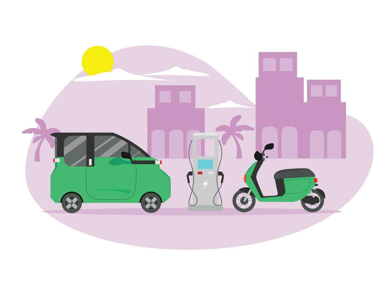 Electric vehicle charging station. Electric green car and scooter are charging in the station. vector