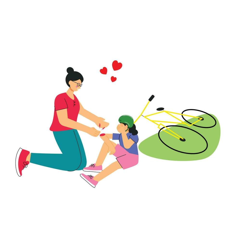 Vector illustration of girl fell off the bikes mom helping her daughter after falling off bicyle