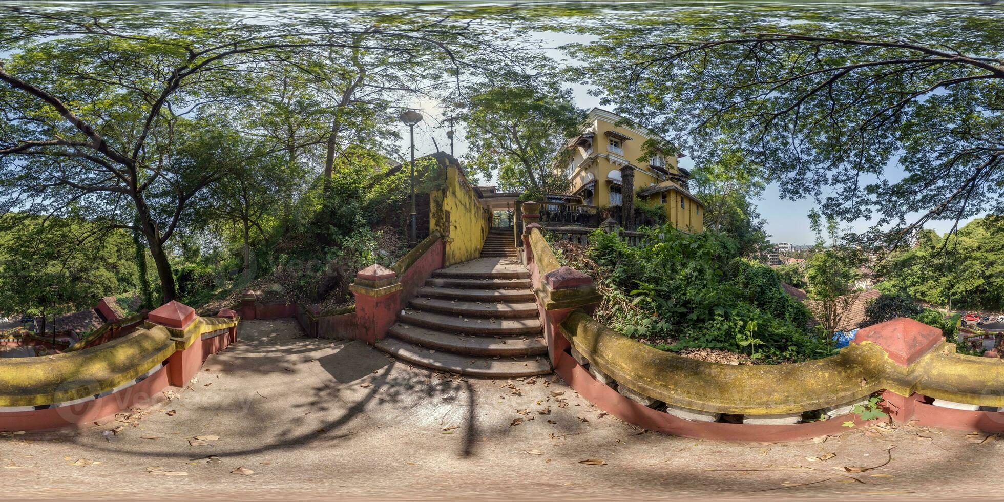 full seamless spherical 360 hdri panorama on old concrete staircase, remains of an ancient more developed civilization in jungles of India in equirectangular projection, for VR virtual reality content photo