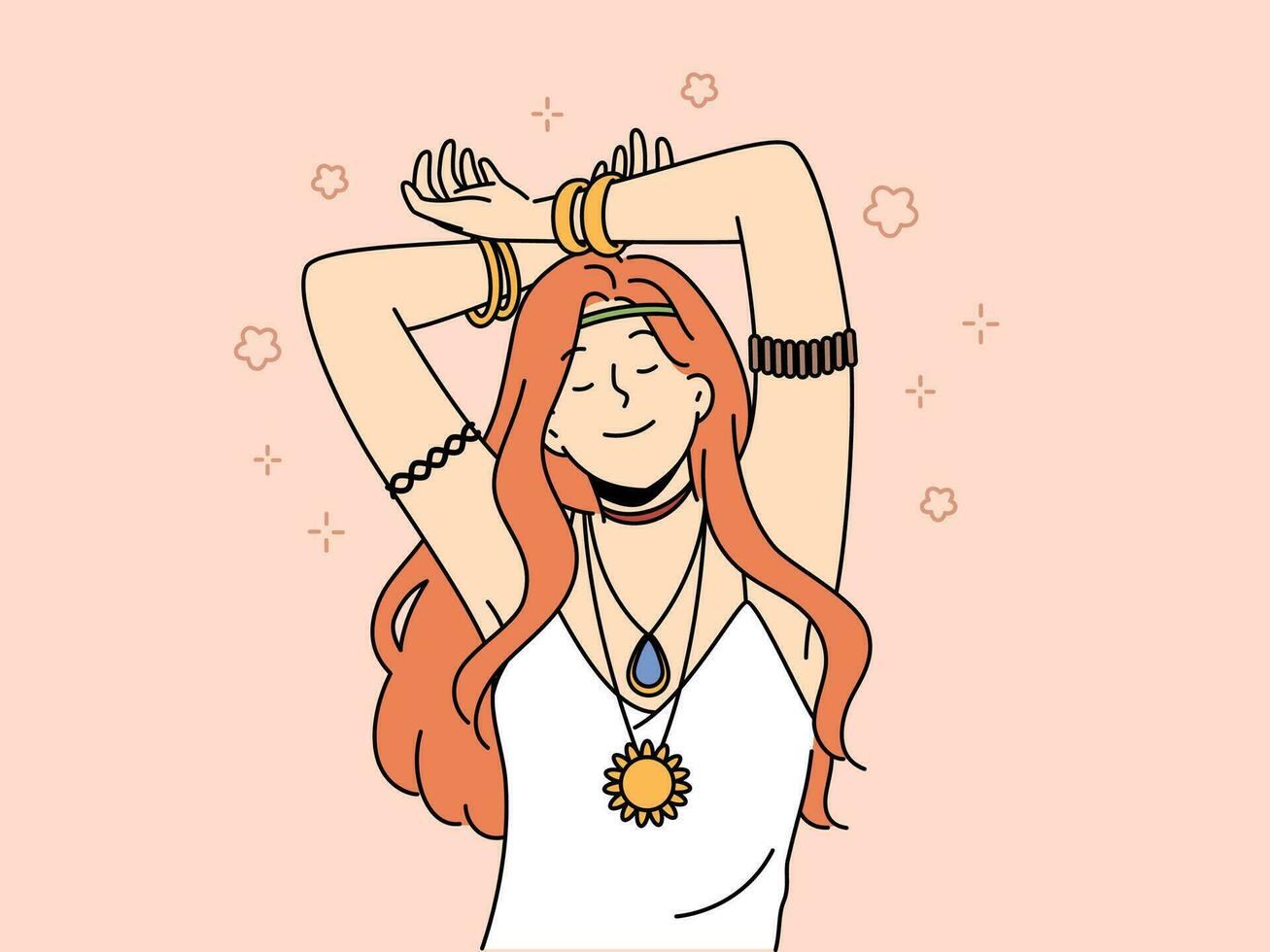 Hippie woman with amulet and bracelets on hands closes eyes, feeling pleasure or euphoria, and slowly dances with hands up. Red-haired young girl bows to hippie or woodstock subculture vector