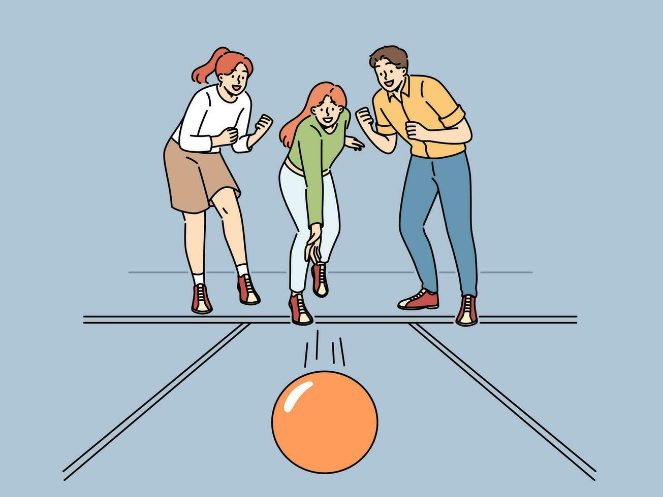 Cheerful friends play bowling together and support girlfriend thrower ball, wants to knock down pins. Young women and man visitors to bowling club experience excitement while playing vector