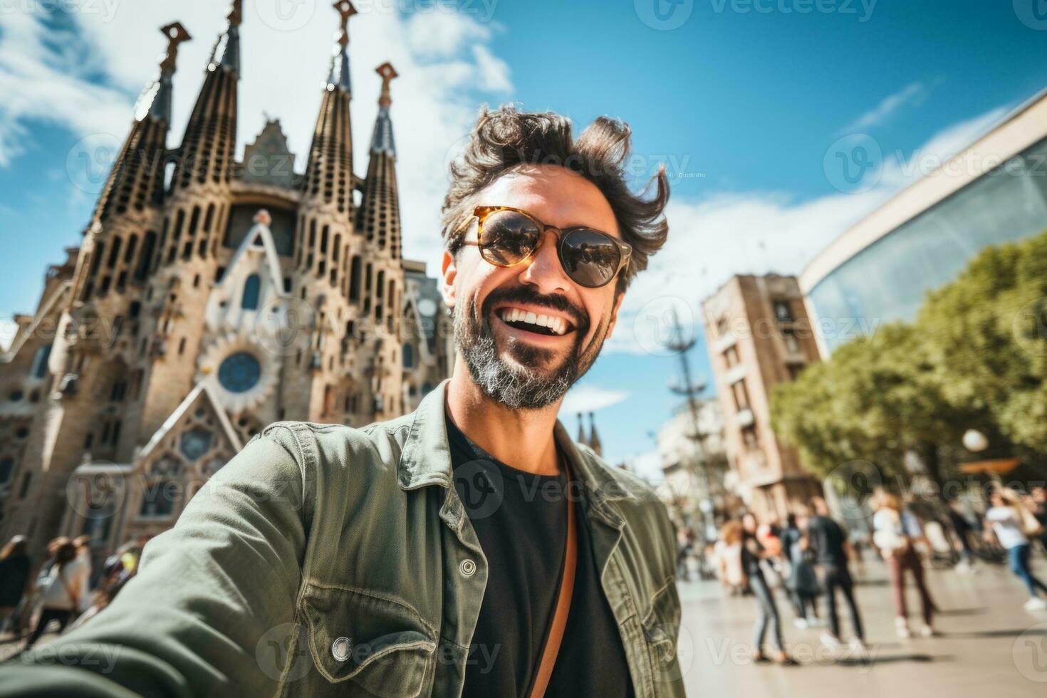 AI generated Man Capturing a Memorable Selfie in Front of a Majestic Cathedral La Sagrada Familia in Barcelona, Spain Created With Generative AI Technology photo