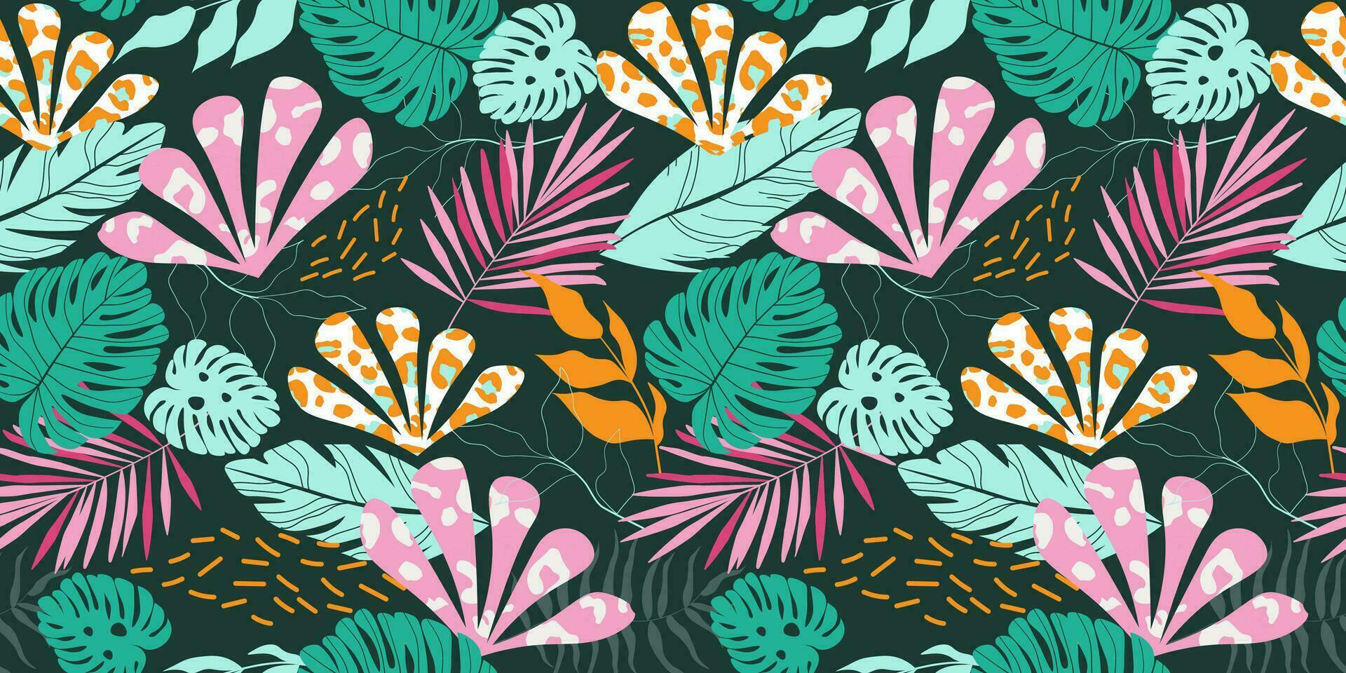 Abstract seamless pattern with exotic tropical plants, animal print. The summer bright nature of the jungle. Vector graphics.