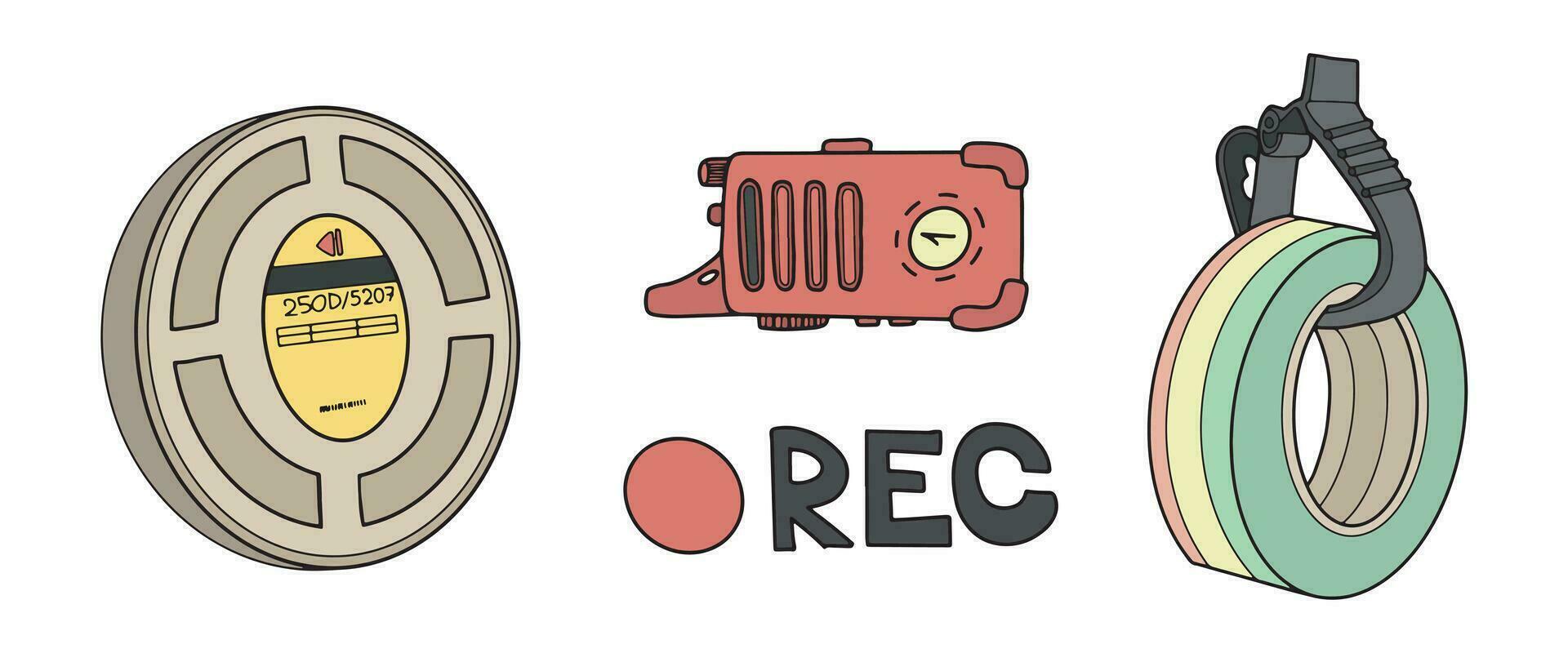 filmmaking line art doodle set -  vintage film reel, walkie talkie, 'REC' button, and a multicoloured gaffer tape. Perfect for cinema and entertainment design vector