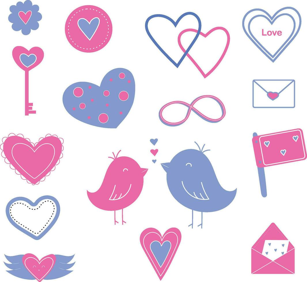 Valentines day set of blue and pink elements vector