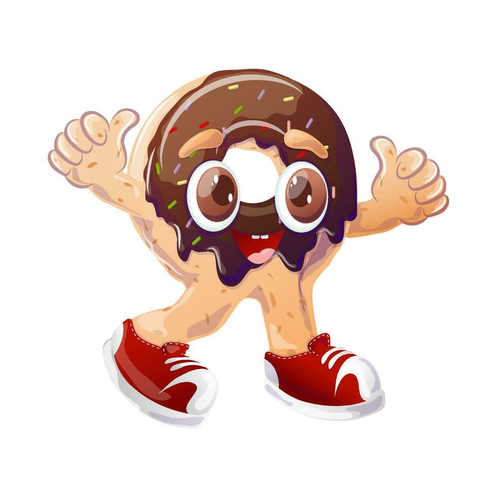 Chocolate donut. Dessert. Fun character. Retro cartoon vector illustration for print, banner, menu for cafe, restaurant, bar.