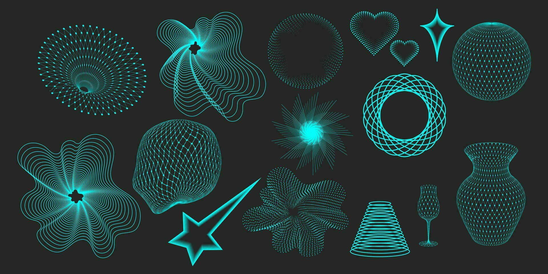 Shapes and meshes in trendy turquoise color on dark background. Abstract 3D patterns in trendy psychedelic style. Y2k. vector